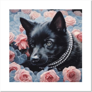 Black German Shepherd and Roses Posters and Art